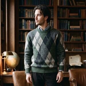 Vintage 70s Orlon Campus Argyle Sweater Mens‎ M Green Luxury Line Made in USA